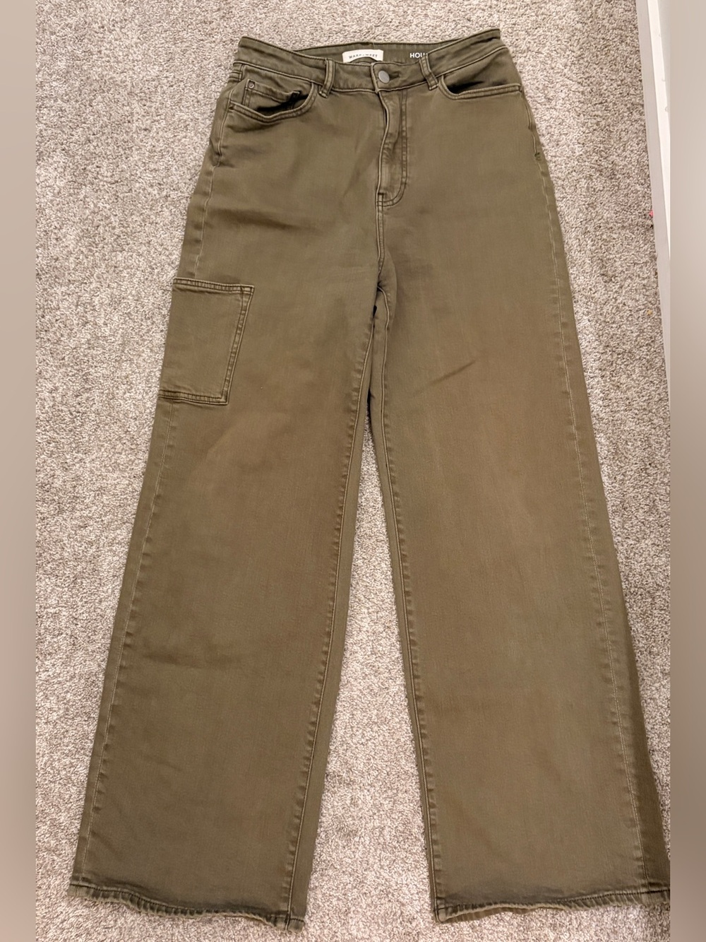 Warp + Weft “Houston” Relaxed Wide Leg Jeans — size 10/30, olive/army green wash